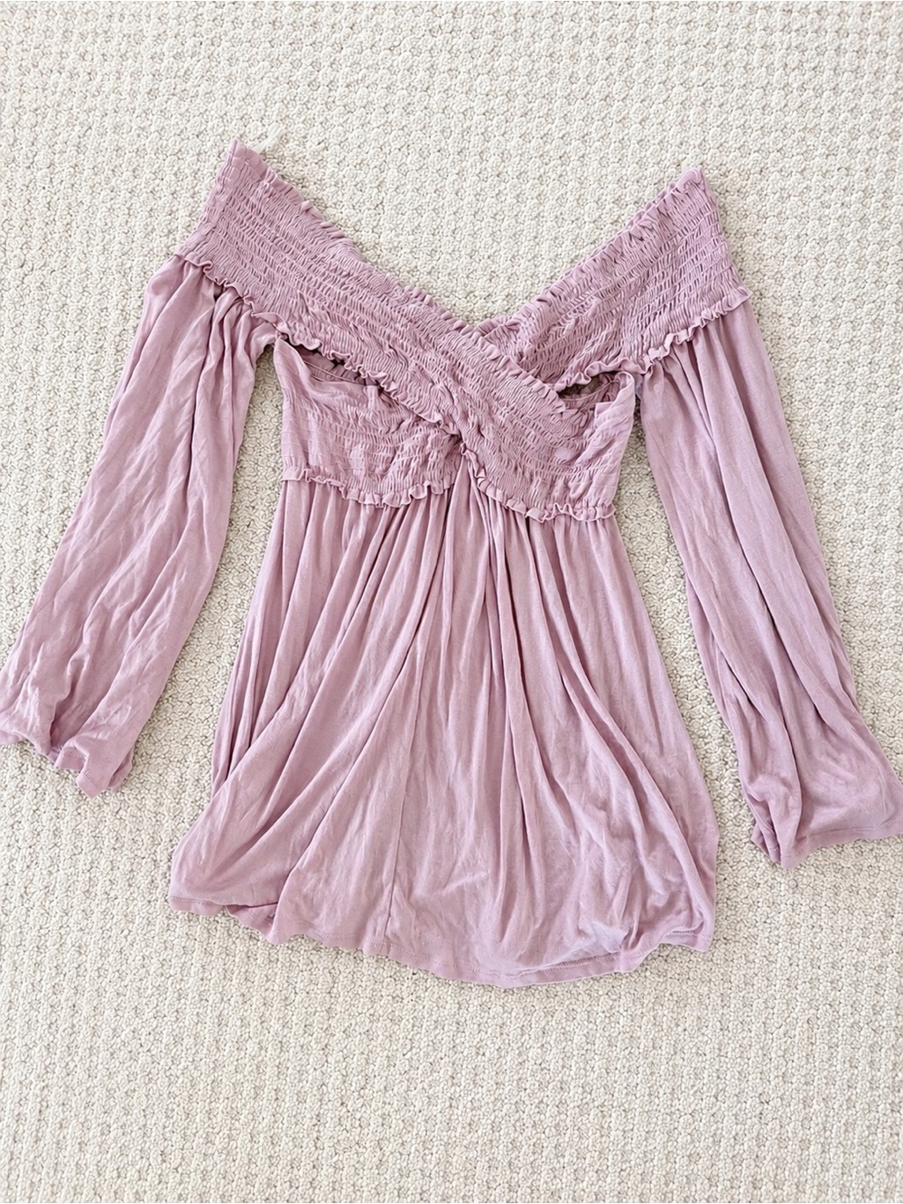 Peach Love Dusty Mauve Off-Shoulder Smocked Tunic L Peasant Prairie Cottagecore